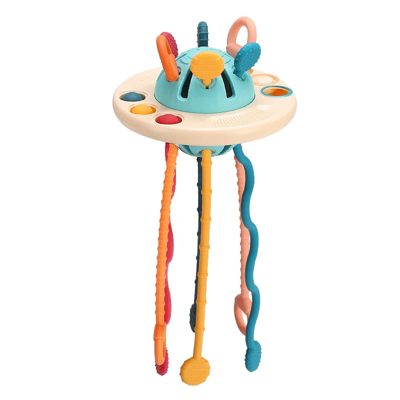 Colorful baby sensory toy with a round top, multiple textures, and long, flexible, spiral arms in orange, yellow, pink, and blue. It encourages tactile play and exploration.