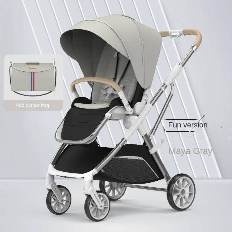 Modern gray baby stroller with a protective canopy, beige accents, and a sleek design. Includes a feature to add a matching diaper bag, shown in the top left corner.