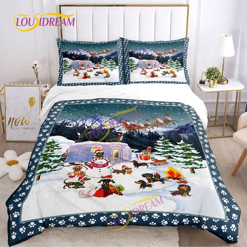 Festive winter-themed bedding set with wintry scenes of snow, reindeer, and gifts. Features a vibrant snowy landscape with a camper, snowmen, and evergreen trees. Cozy bedroom setting.