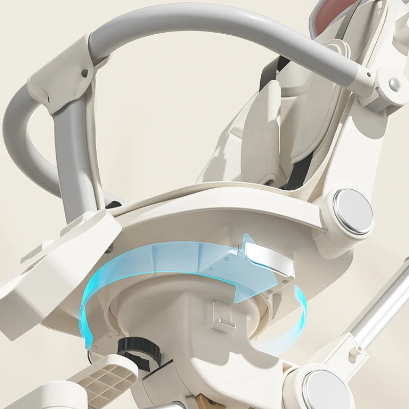Close-up of a modern stroller with a focus on its adjustable swivel mechanism, highlighted by a blue arrow. The stroller features a sleek design with light gray and white accents.