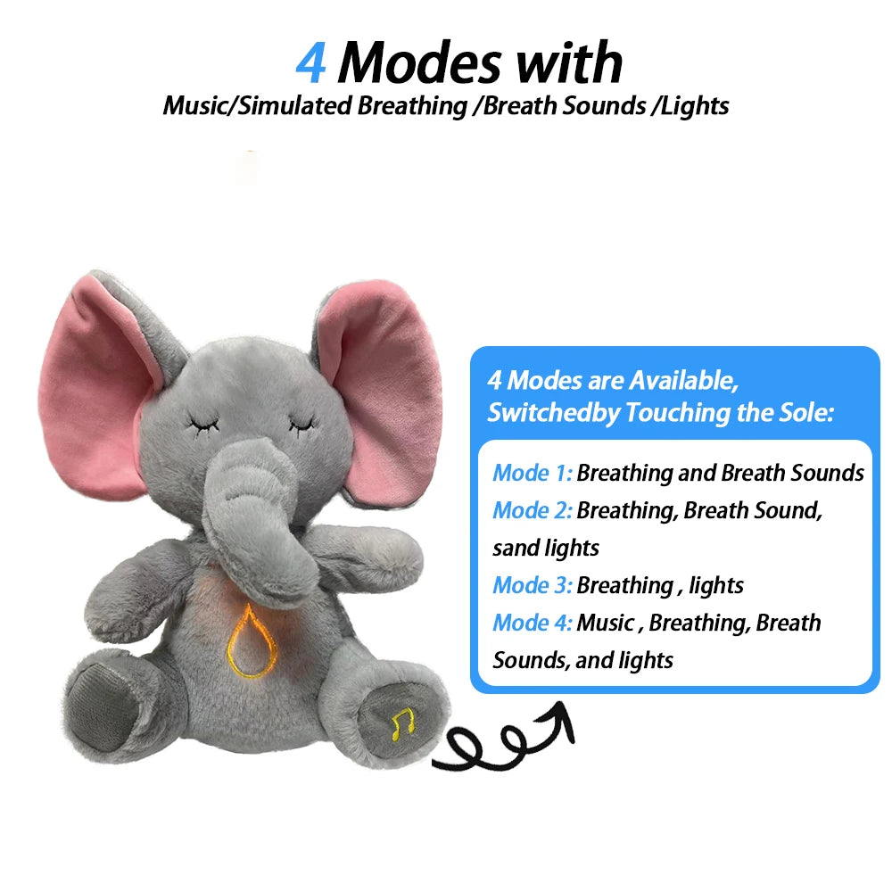 Gray plush elephant toy with pink ears, offering 4 modes: breathing sounds, lights, and music. Modes change by touching the sole. Descriptive text and settings displayed on the side.