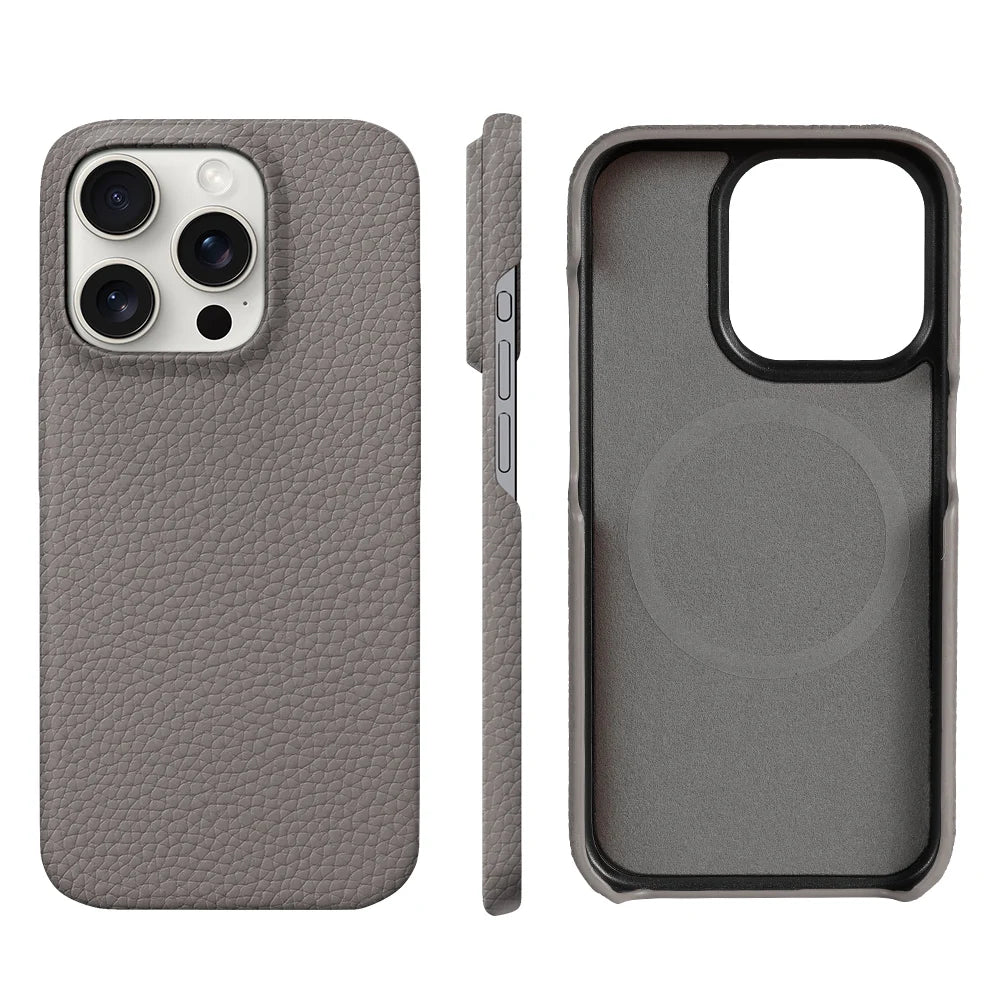 Gray phone case with a textured leather finish displayed in three angles: back, side, and interior. Tailored for a phone with a triple camera setup.