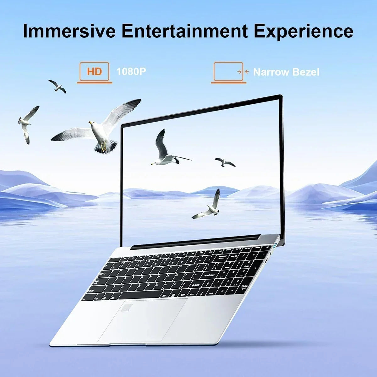 Laptop with a narrow bezel screen showing flying seagulls against a serene ocean backdrop, highlighting HD 1080P display capabilities for an immersive entertainment experience.
