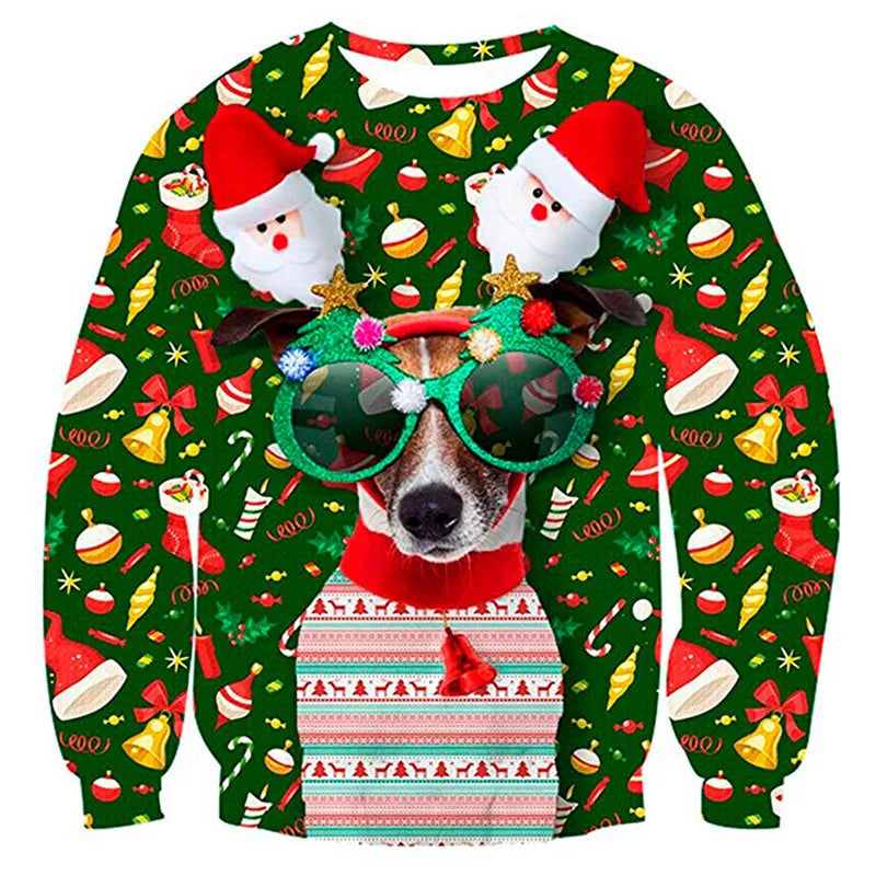 Festive green Christmas sweater featuring a dog with antler glasses and Santa hats. Background patterned with Santas, candy canes, bells, and ornaments.