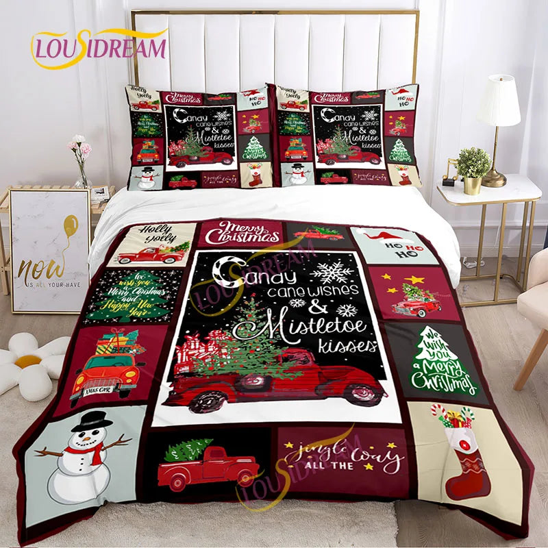 Festive bedding set featuring Christmas-themed designs like candy canes, snowmen, red trucks with trees, and phrases like "Merry Christmas" and "Candy cane wishes and mistletoe kisses."