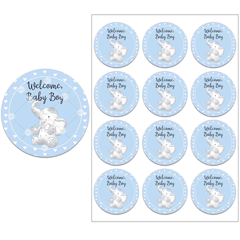 Stickers with a cute elephant and "Welcome, Baby Boy" text on a blue background. Hearts border the design. The image shows a single sticker and a sheet of 12 identical stickers.