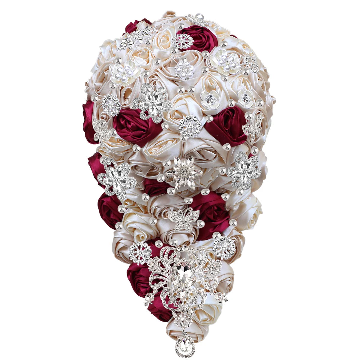 Elegant cascading bridal bouquet with ivory and burgundy satin roses, adorned with silver rhinestone brooches and pearls, creating a luxurious, vintage aesthetic.