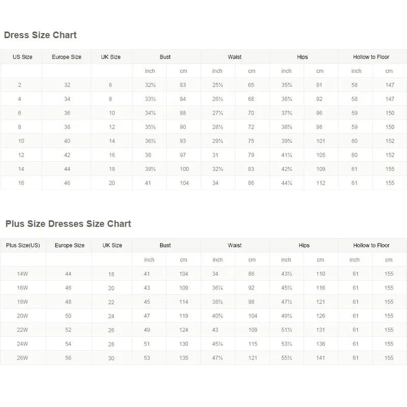 Dress size charts showing US, Europe, UK sizes with bust, waist, hips, and hollow to floor measurements in inches and centimeters for regular and plus sizes.