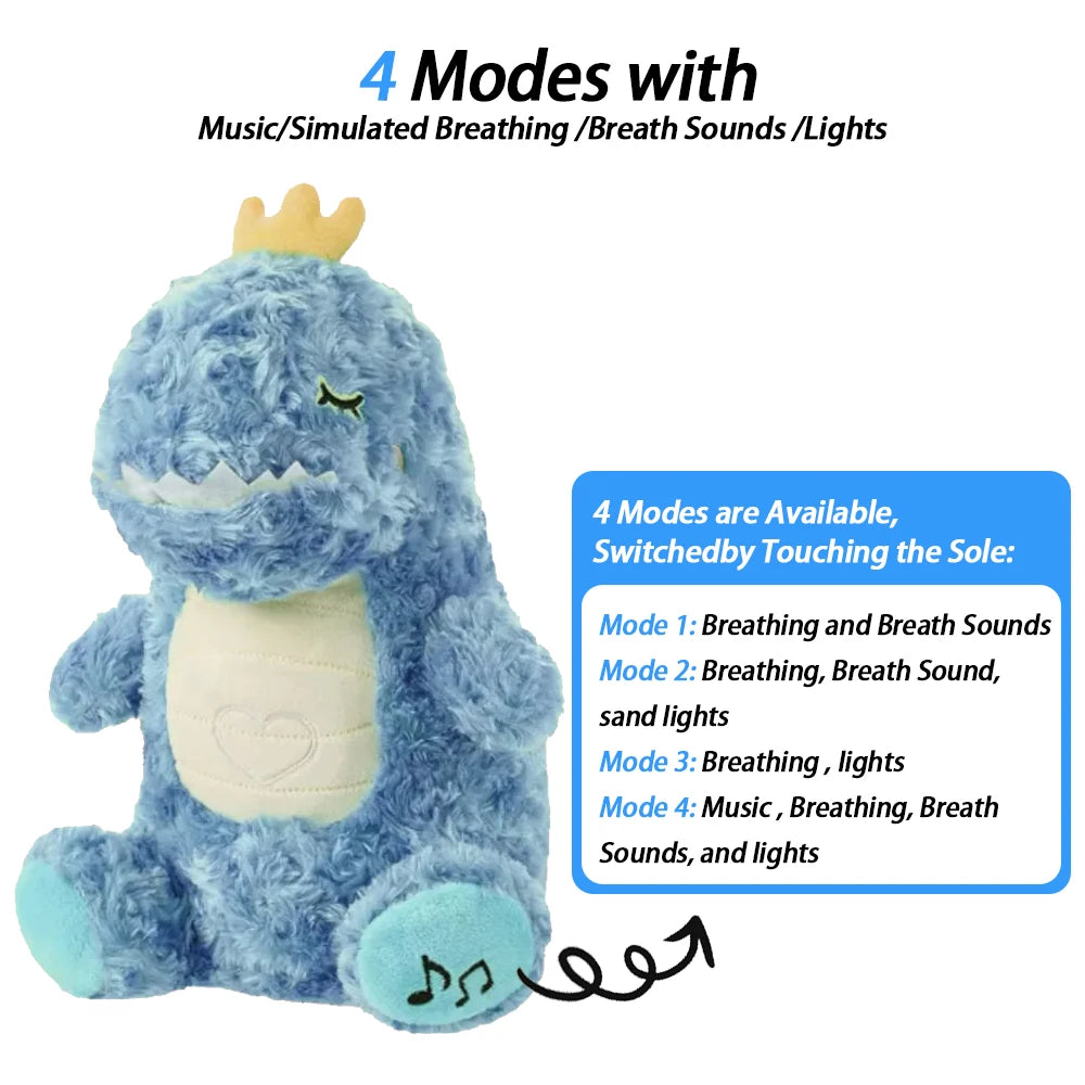 Blue dinosaur plush with a crown, featuring 4 modes: breathing, breath sounds, lights, and music. Modes switch by touching the sole. Heart design on the belly.