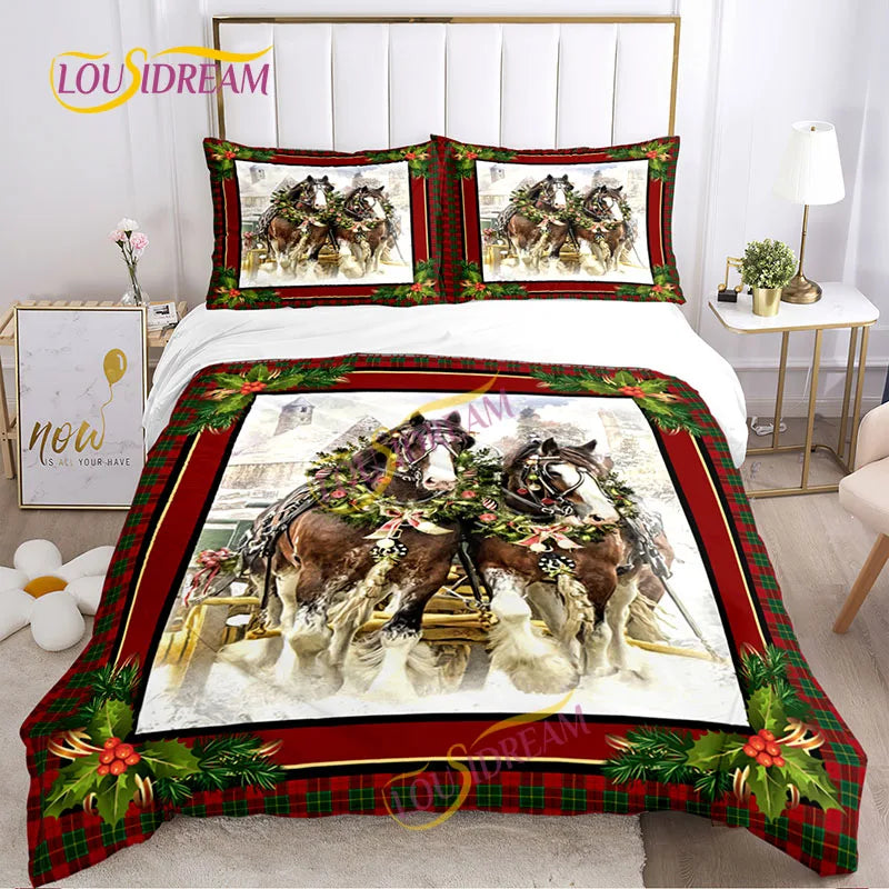 Festive bedroom with a red and green plaid bedspread featuring two majestic horses adorned with wreaths, matching pillows, and a floral decor. A cozy and elegant holiday setting.