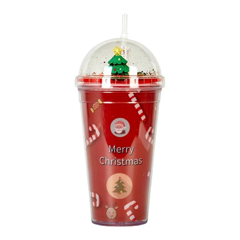 Red Christmas-themed tumbler with candy cane patterns, Santa face, reindeer, and tree symbols. Features "Merry Christmas" text. Has a clear dome lid with a small Christmas tree.