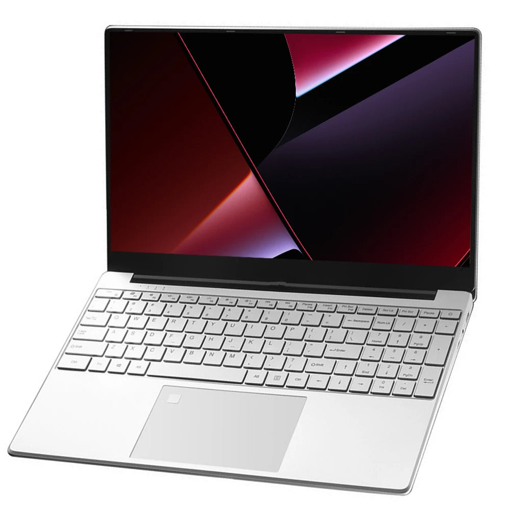 Sleek silver laptop with thin bezels, featuring a vibrant abstract wallpaper. The keyboard is chiclet-style, and a large trackpad is centered below.