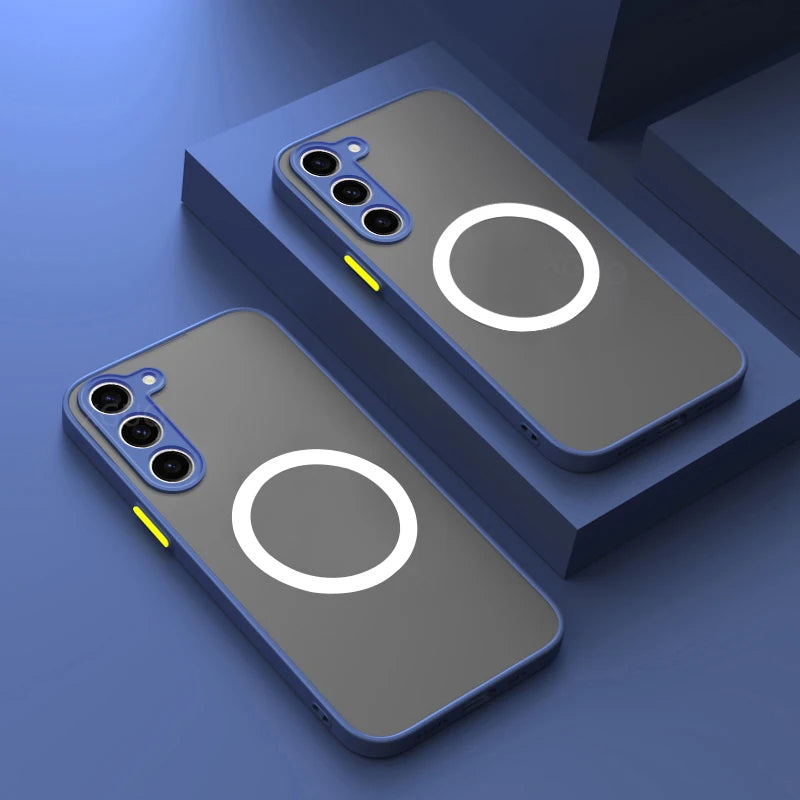Two sleek smartphones with a modern design, featuring a circular pattern on the back and three cameras in a vertical line. The phones are placed on a geometric blue surface.