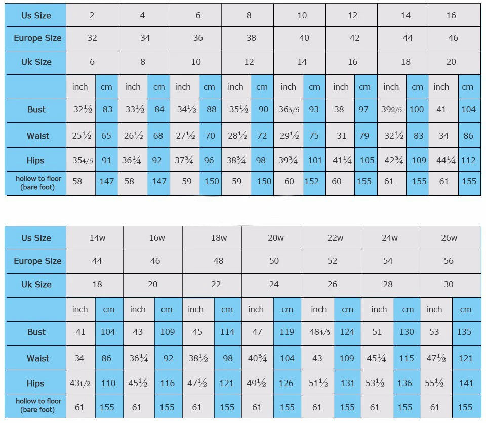 Size chart showing US, Europe, and UK women's sizes. Includes measurements for bust, waist, hips, and hollow to floor in inches and centimeters for regular and plus sizes.