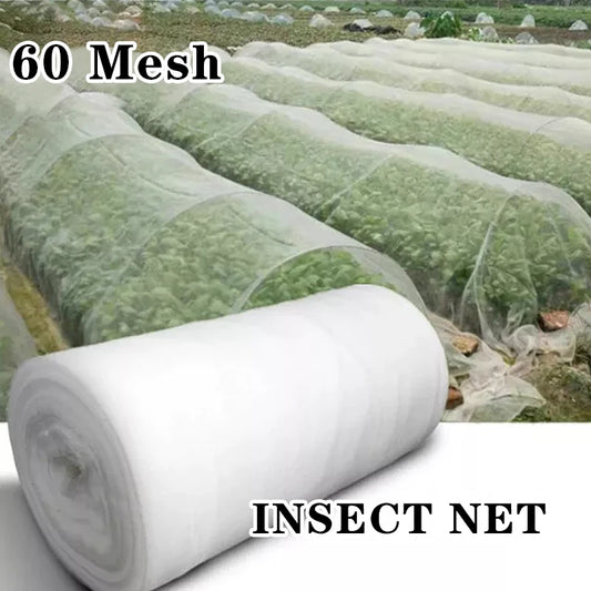 Roll of insect netting with a 60 mesh specification, shown protecting crops in a field. The netting forms arched tunnels over the plants to guard against pests.