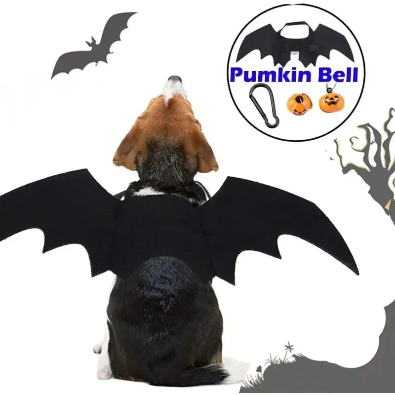 Dog wearing bat wings gazes upward. Surrounding are flying bat silhouettes and a "Pumkin Bell" kit with bat wings and pumpkin-shaped bells, set on a spooky-themed background.