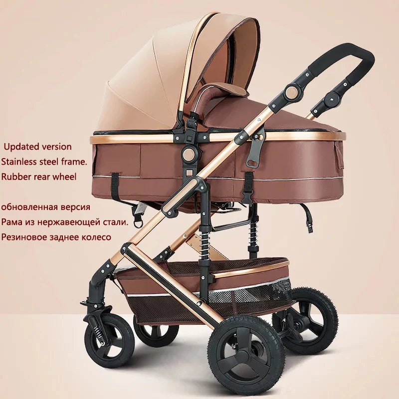 A beige and brown baby stroller with a stainless steel frame and rubber rear wheels. Text highlights the updated version, steel frame, and rubber wheel features.