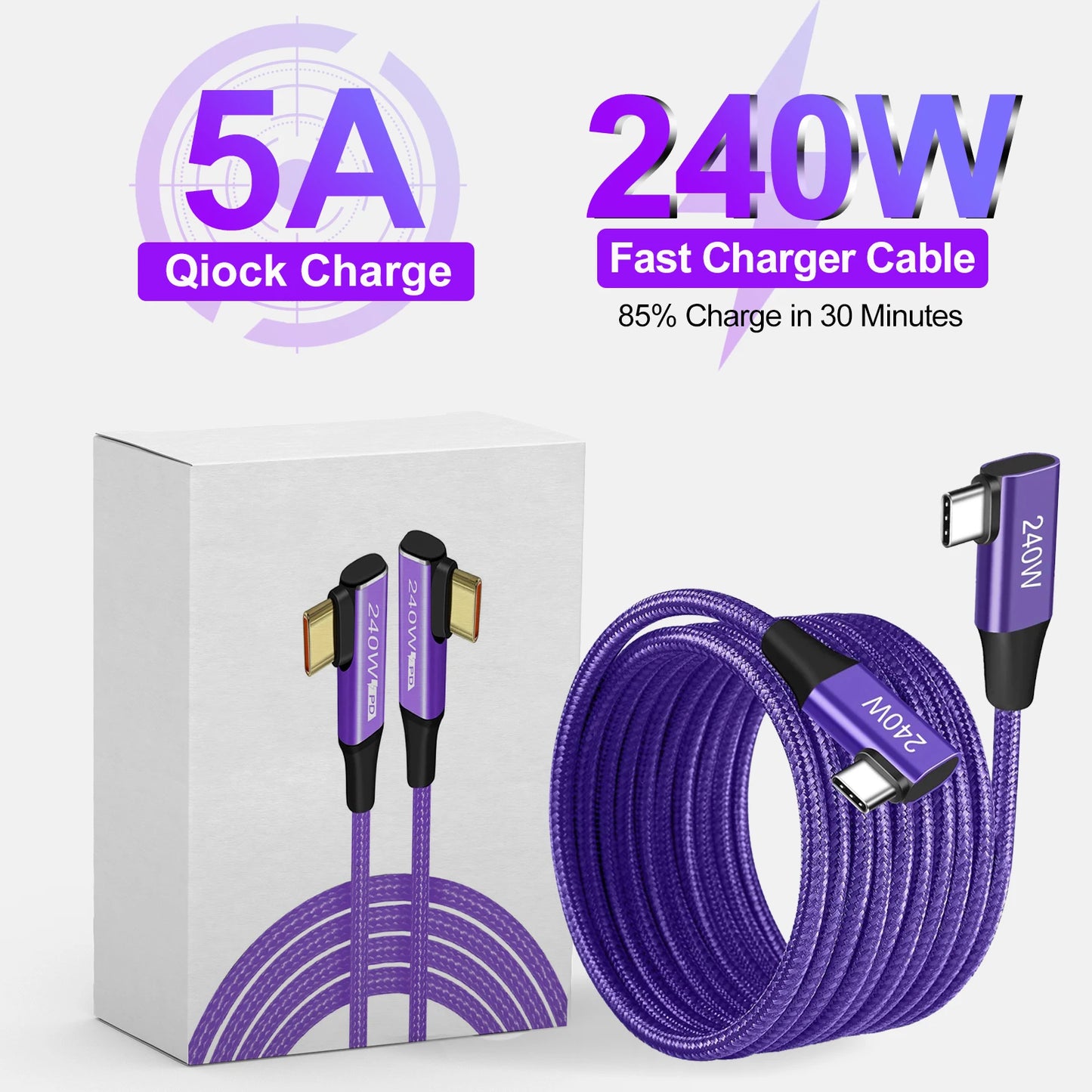 Purple 240W fast charging cable with USB-C connectors, promising 85% charge in 30 minutes. Coiled cable and packaging displayed, labeled "5A Qiock Charge."