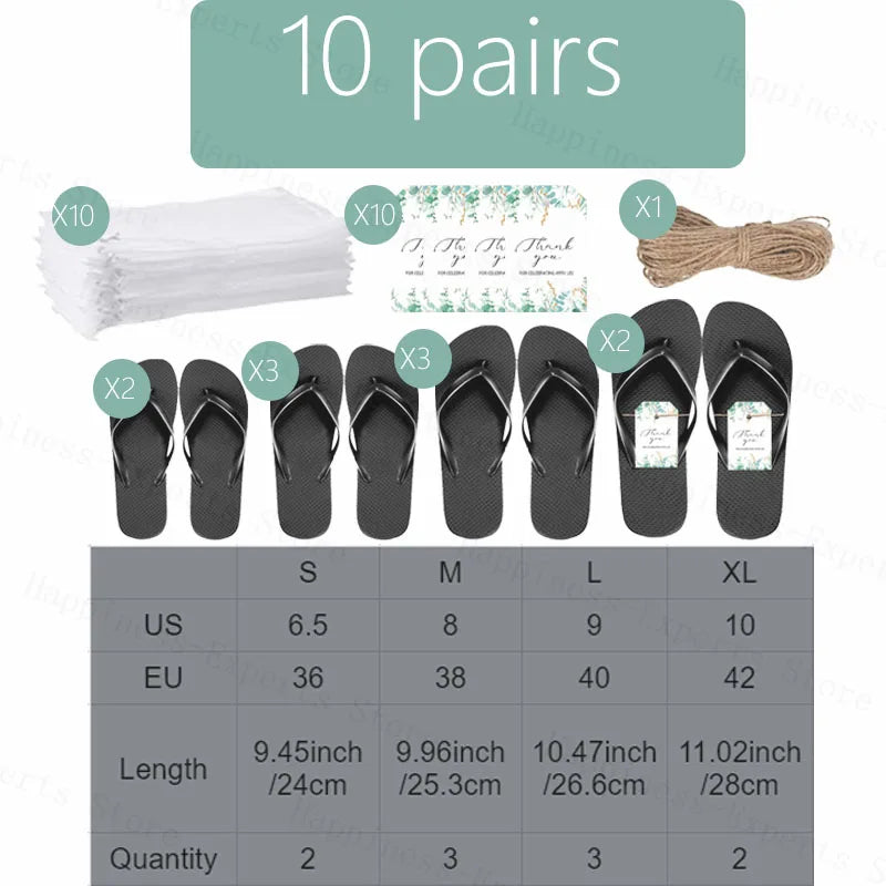 Set of 10 black flip-flops in various sizes with thank you tags, rope, and bags. Sizes range from US 6.5 to 10, EU 36 to 42. Quantities: S(2), M(3), L(3), XL(2).