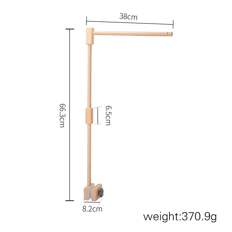 Wooden desk lamp with dimensions: height 66.3cm, arm length 38cm, base width 8.2cm, joint 6.5cm. Weight: 370.9g. Minimalist design with angled arm and wooden finish.