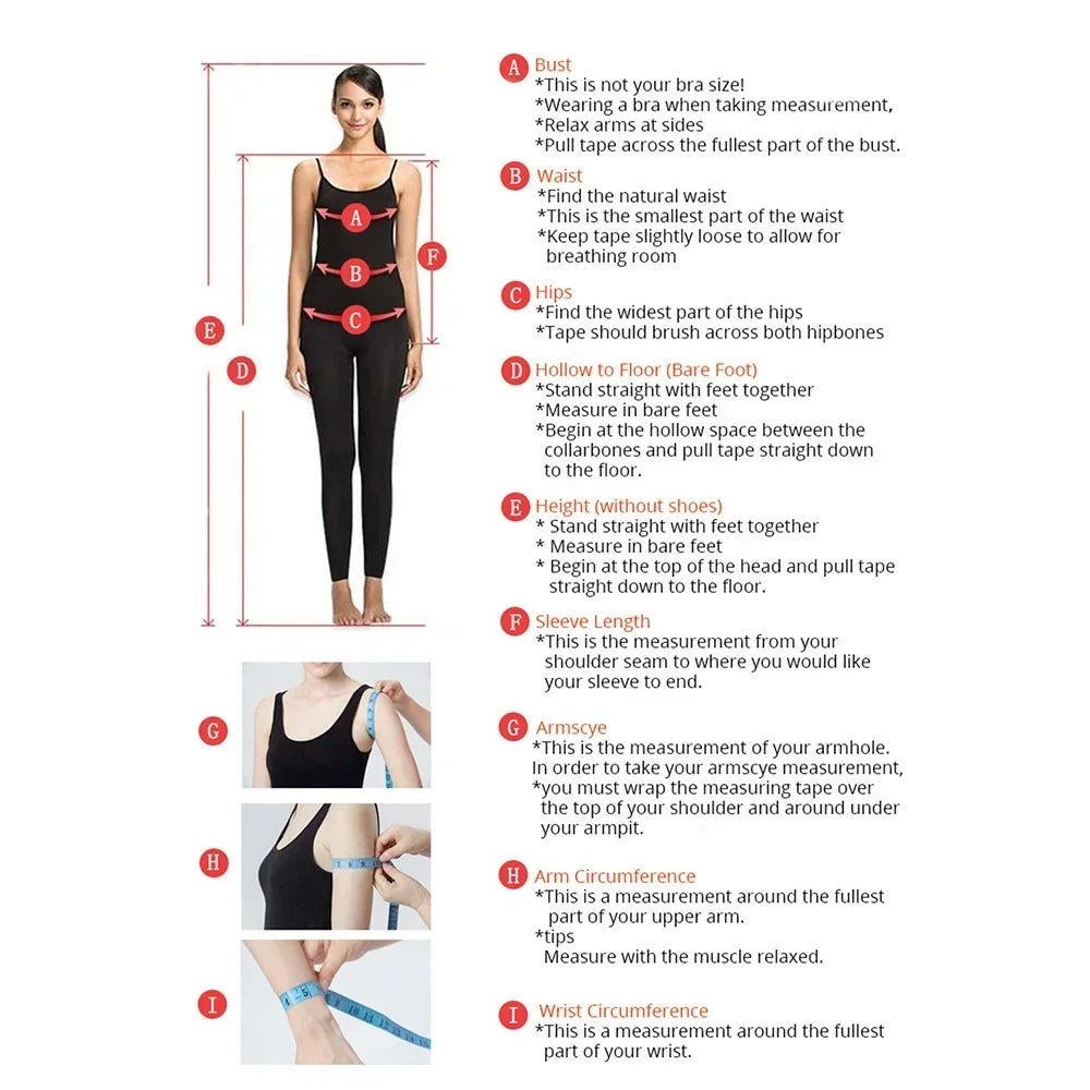 Female figure shows where to measure bust, waist, hips, height, sleeve length, arm, and wrist circumference. Includes measurement tips for each area with visual guidance.