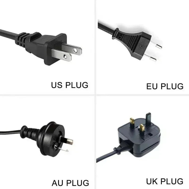 Four types of electrical plugs are shown: US plug with flat pins, EU plug with round pins, AU plug with angled flat pins, and UK plug with rectangular prongs and a fuse.