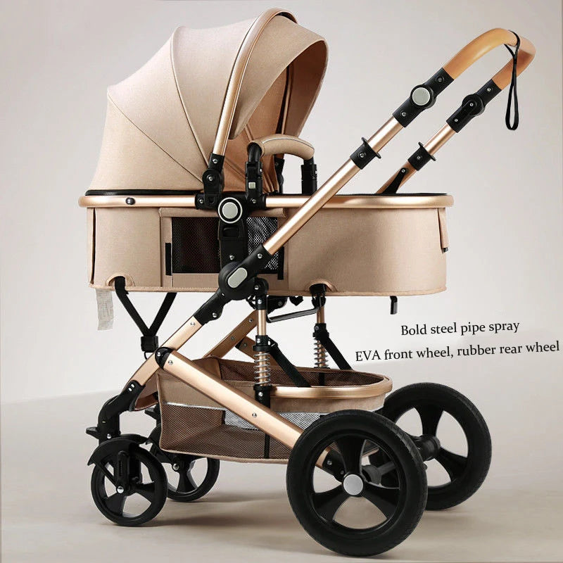 Elegant beige baby stroller with a canopy, featuring bold steel frame, EVA front wheels, and rubber rear wheels. The design is sleek and functional for optimal comfort.