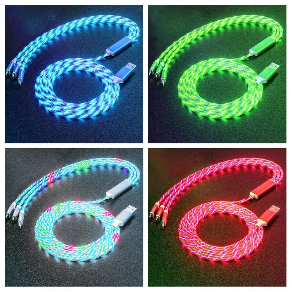 Four glowing braided USB cables in different colors: blue, green, multicolor, and red. Each cable is coiled, showcasing their illuminated strands against a dark background.