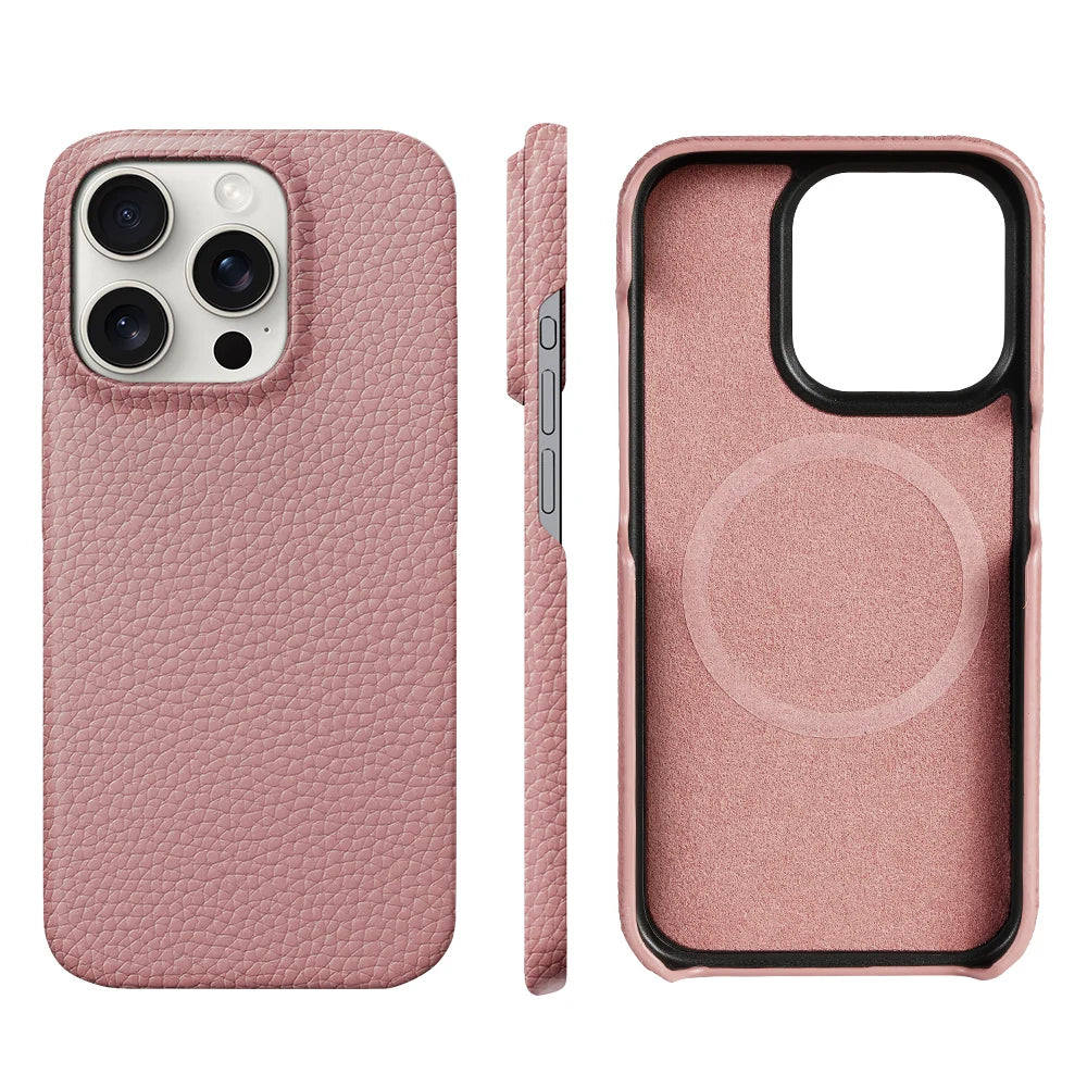 Pink textured phone case with MagSafe compatibility. Shown from three angles: back with camera cutout, side with button access, and inner view highlighting the MagSafe ring.