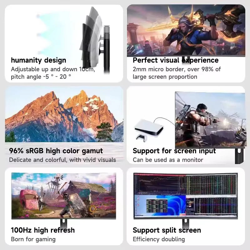 Image showcasing a monitor with features: adjustable design, 2mm border for visual experience, 96% sRGB color, 100Hz refresh rate, screen input support, and split-screen capability.