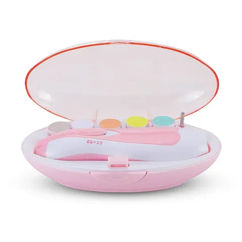 Pink and white electric nail care set with ergonomic handle, placed in an open oval case. Includes four detachable colored heads and a compact design for travel.