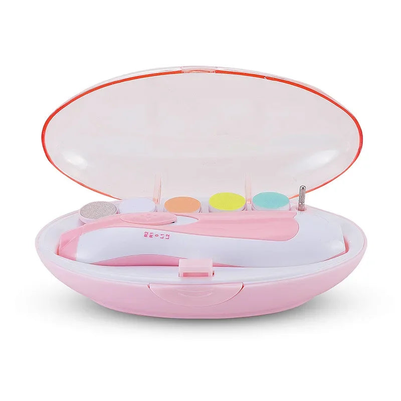 Pink and white electric nail trimmer kit with interchangeable heads in pastel colors, housed in an oval case with a transparent lid.