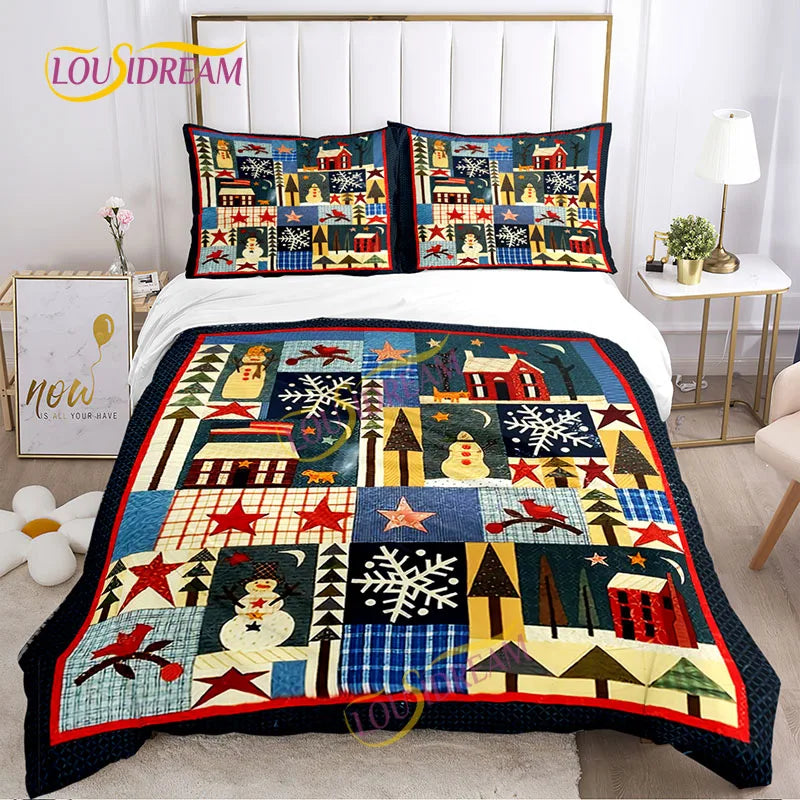 Quilted bedding set featuring a colorful patchwork design with snowmen, stars, trees, and houses. The bed is neatly arranged with two matching pillows in a cozy bedroom setup.