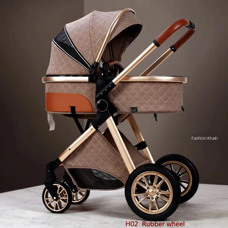 A stylish khaki baby stroller with a quilted design, brown accents, and golden frame. It features a canopy, adjustable handle, mesh basket, and rubber wheels.