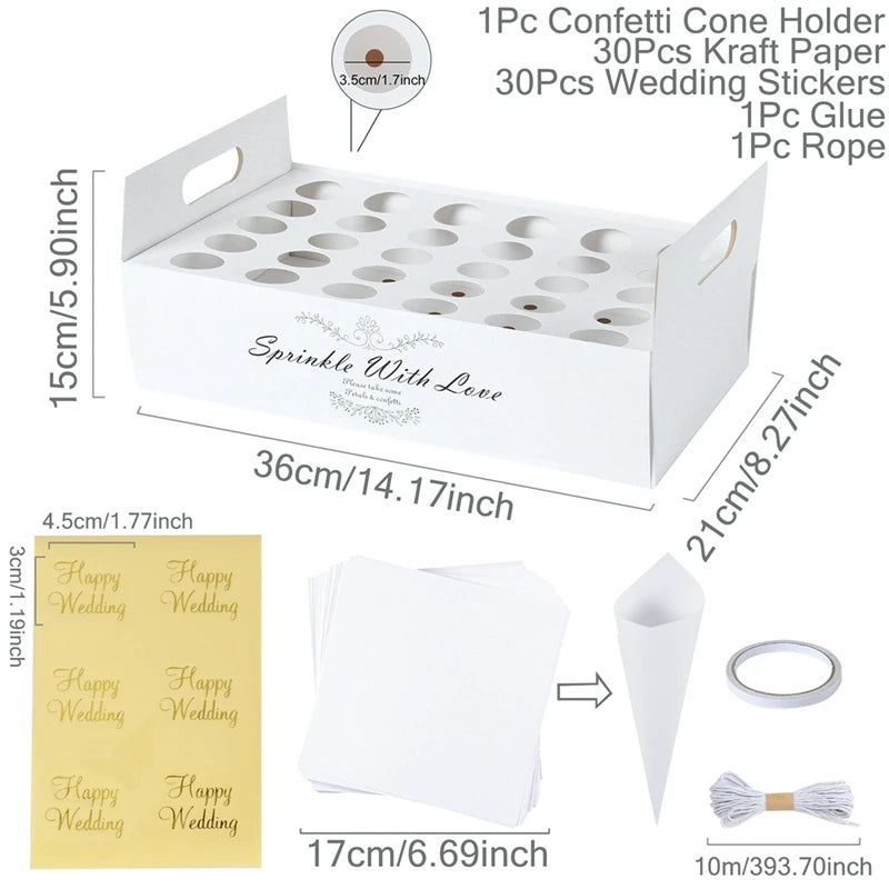 Wedding confetti set includes a white cone holder box (36x21x15cm), 30 kraft paper sheets, 30 "Happy Wedding" stickers, glue, and rope. Box lid reads "Sprinkle With Love."