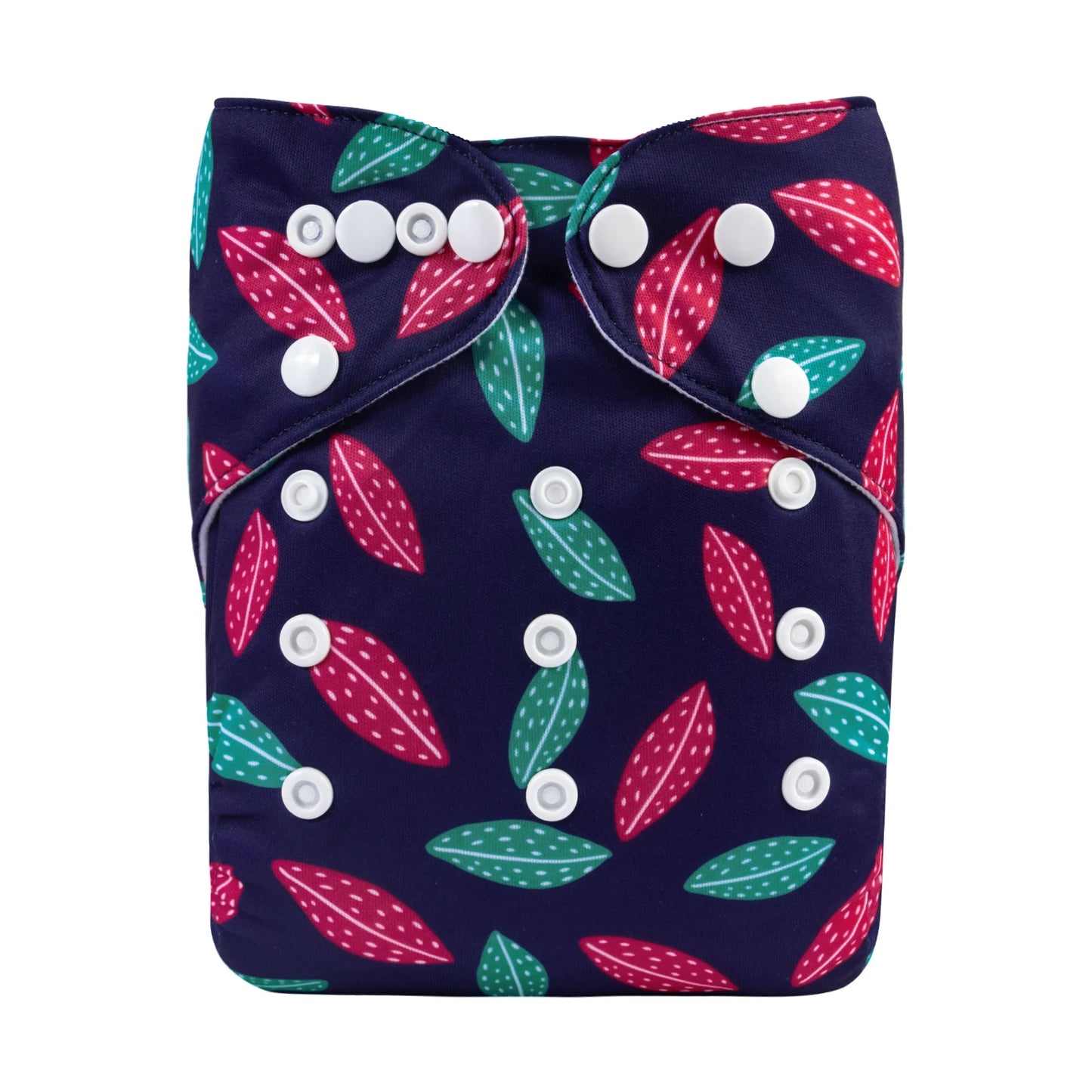 Reusable cloth diaper with a navy blue background featuring red and green leaf patterns. It has multiple white snaps for adjustable sizing and secure fitting.