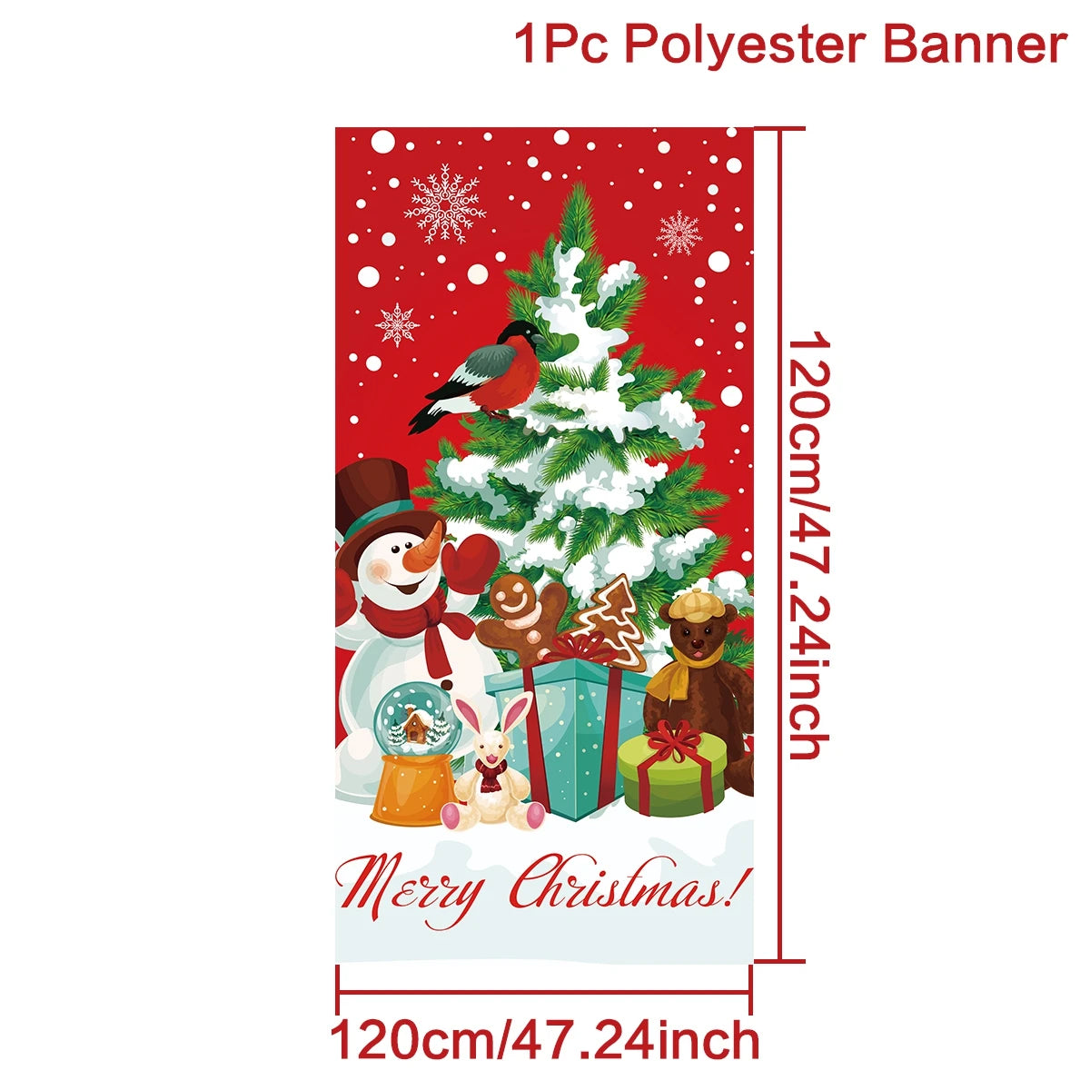 Festive Christmas banner featuring a snowman, gifts, a Christmas tree with snow, a bird, teddy bear, rabbit, and snow globe on a red background with snowflakes. Text reads "Merry Christmas!"
