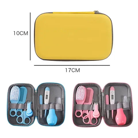Yellow travel case, 17x10cm, containing grooming tools like a brush, thermometer, and scissors. Two sets displayed in blue and pink with corresponding kits.