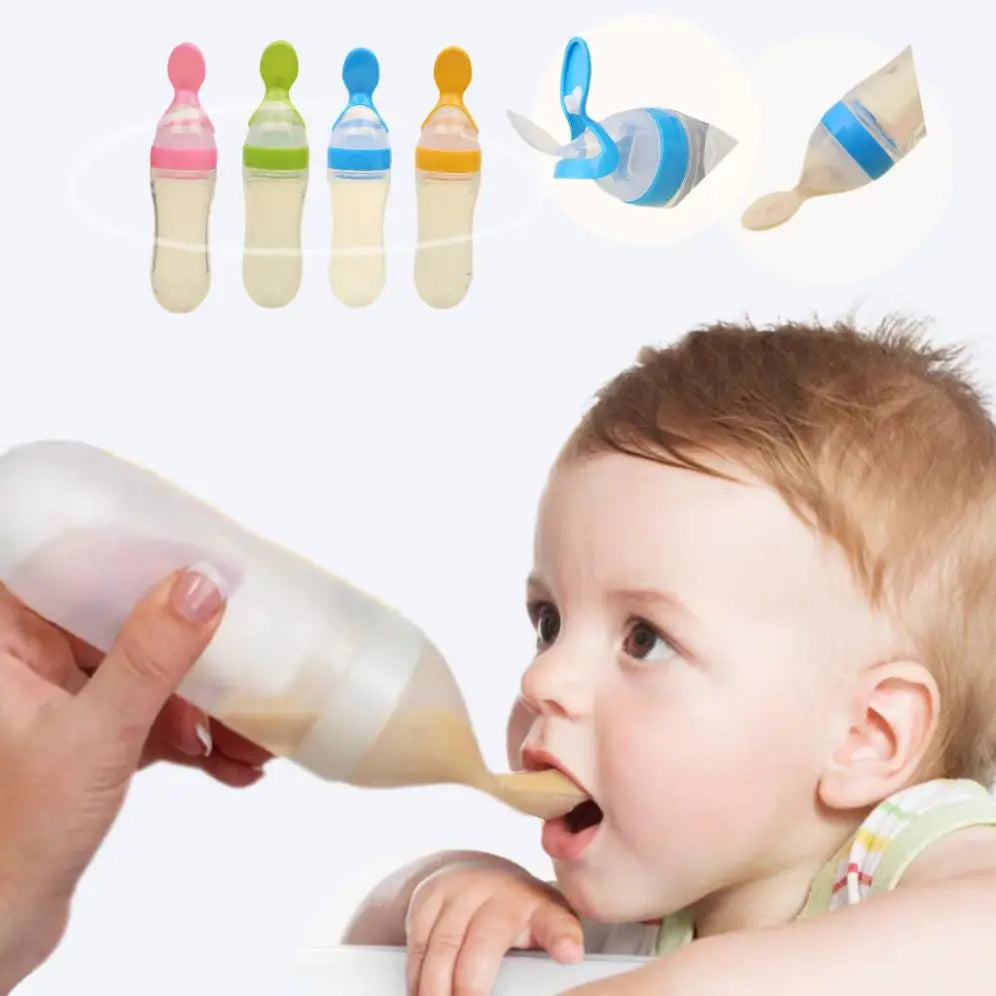 A baby is fed using a squeezable baby bottle with a spoon tip. Above, more bottles in various colors are displayed with close-ups of the spoon mechanism.
