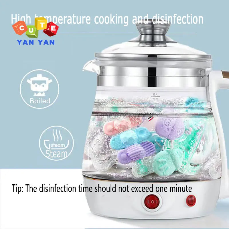 Glass electric kettle filled with colorful silicone baby teethers being disinfected in boiling water. Text reads: "High-temperature cooking and disinfection."