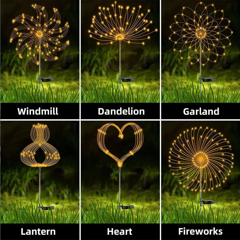Six decorative garden lights with different shapes: Windmill, Dandelion, Garland, Lantern, Heart, and Fireworks, glowing against a grassy background.