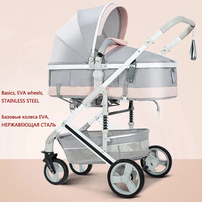 Gray and pink baby stroller with a canopy, featuring EVA wheels and a stainless steel frame. Text on image highlights materials in English and Russian.
