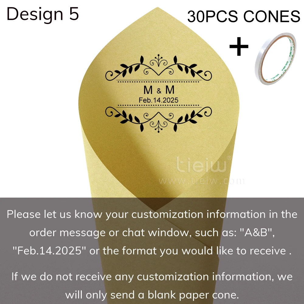 Gold paper cone with black floral design and customizable text "M & M, Feb.14.2025." Includes tape and instructions for personalization. Design 5, set of 30 cones.