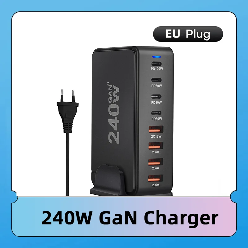 Black 240W GaN charger with EU plug, featuring multiple ports labeled PD100W, PD30W, QC18W, and 2.4A. Blue power indicator on a blue and pink gradient background.