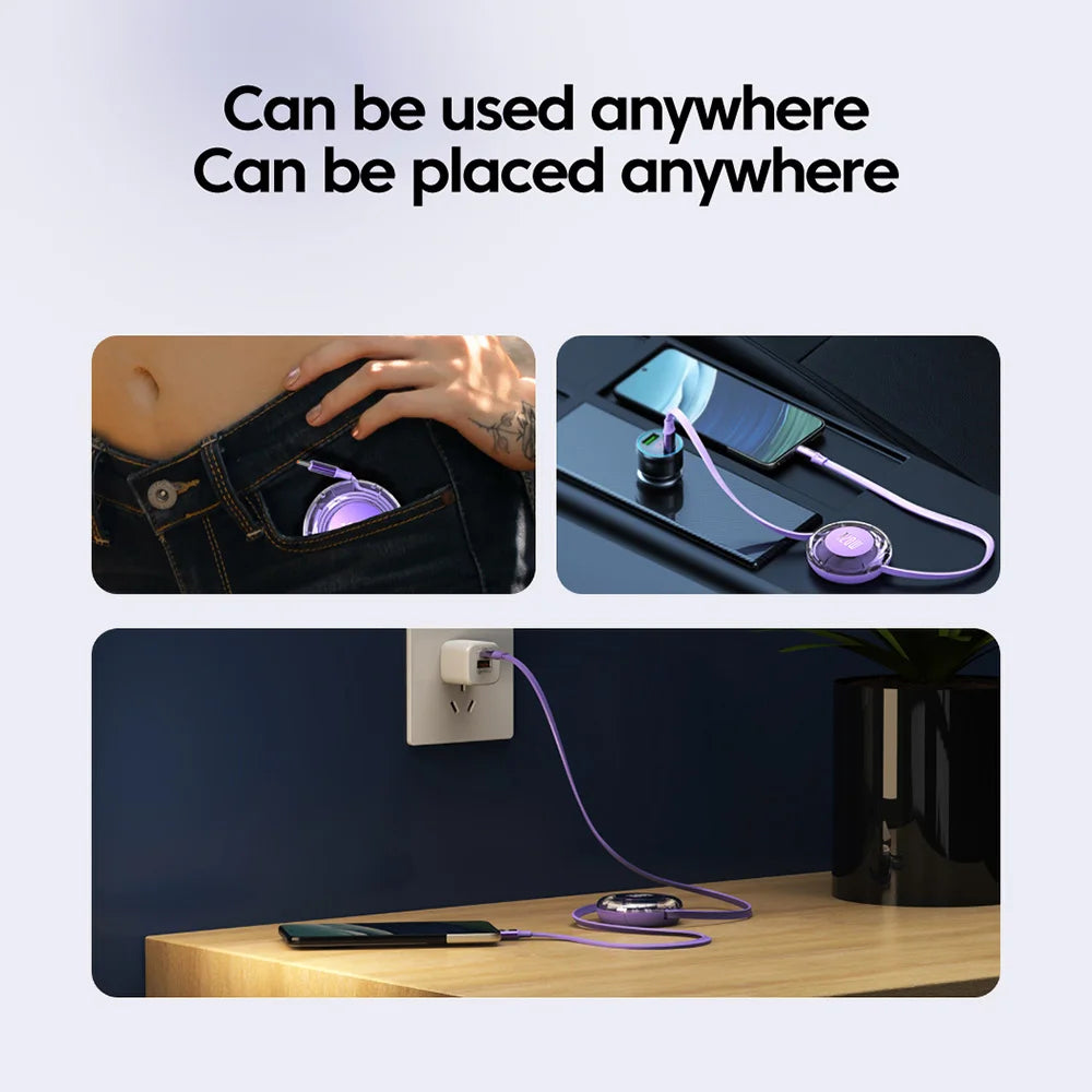 Three images show a compact, purple cable device fitting in a pocket, charging a phone in a car, and plugged into a wall outlet on a wooden table. Text reads: "Can be used anywhere."