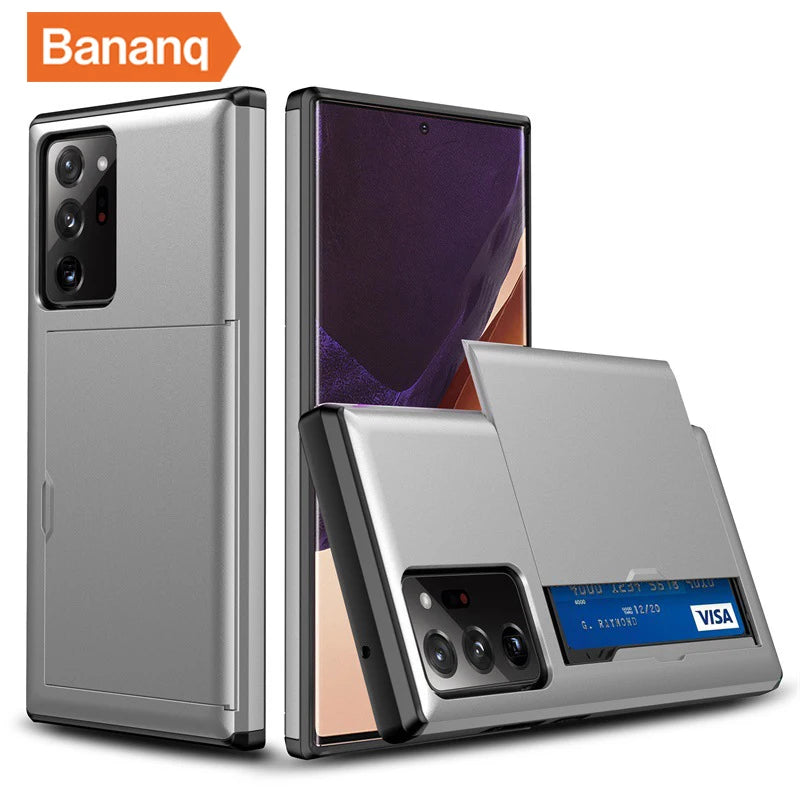 Silver smartphone case with a sliding back compartment revealing a hidden credit card. The phone has multiple rear cameras. The brand logo "Banaq" is visible on the top left.