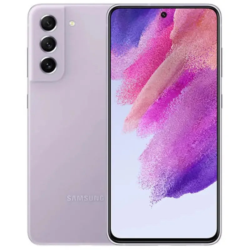 Front and back of a lavender smartphone, featuring a vibrant, colorful display and three rear cameras with flash.