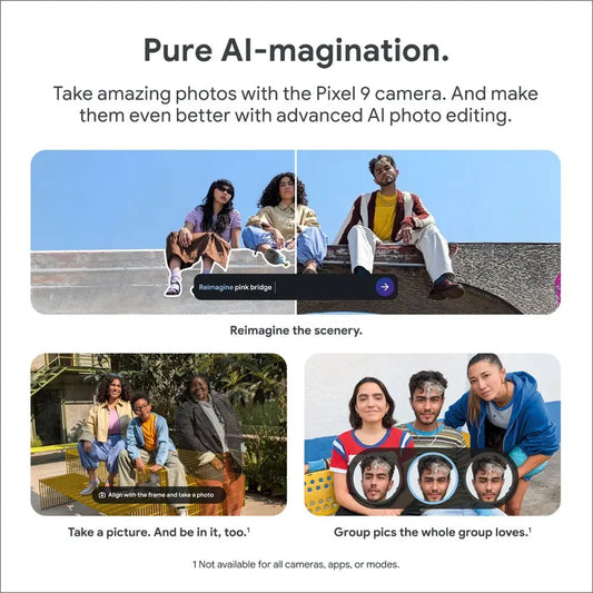Advertisement for Pixel 9 camera showcasing AI photo editing features. Images depict people with options to change the scenery or align group photos. Text: "Pure AI-magination."