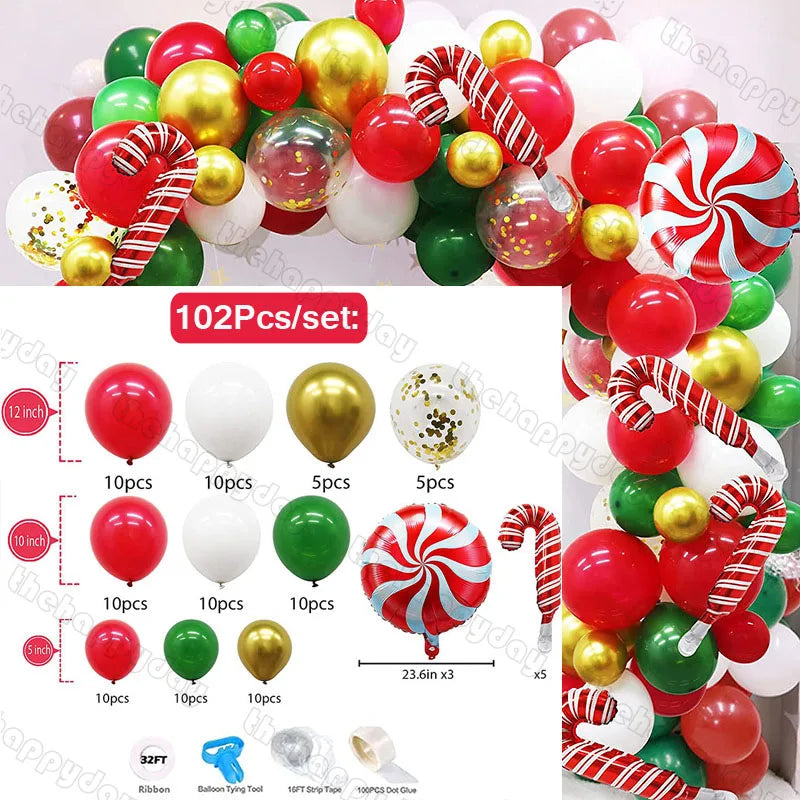 Festive balloon arch kit with 102 pieces: red, white, gold, and green balloons, candy cane and peppermint swirl foil balloons. Includes ribbon, tying tool, strip tape, and dot glue.