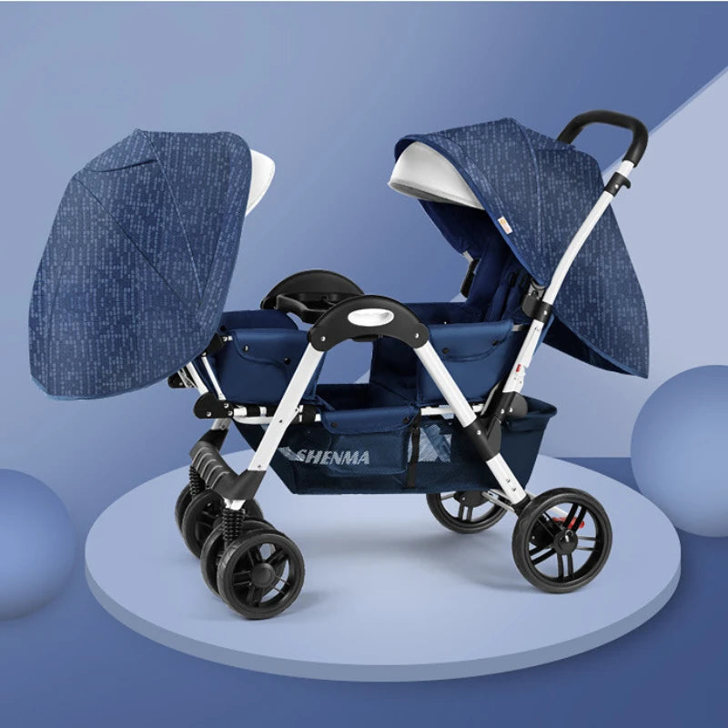 A blue double stroller with adjustable canopies on a modern, geometric background. The stroller features black swivel wheels and a sturdy white frame with a storage basket beneath.